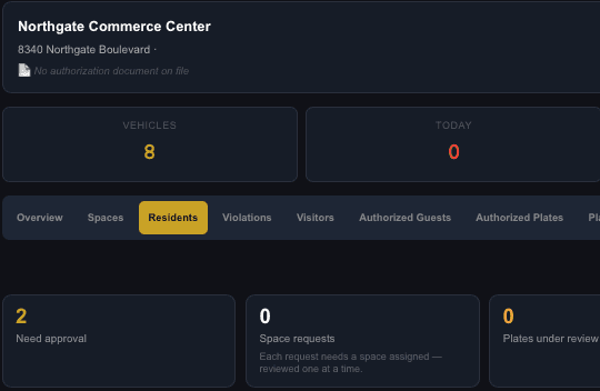 Demo of the ShieldMyLot property-manager portal: a property's vehicle and visitor counts, management tabs, and resident approvals